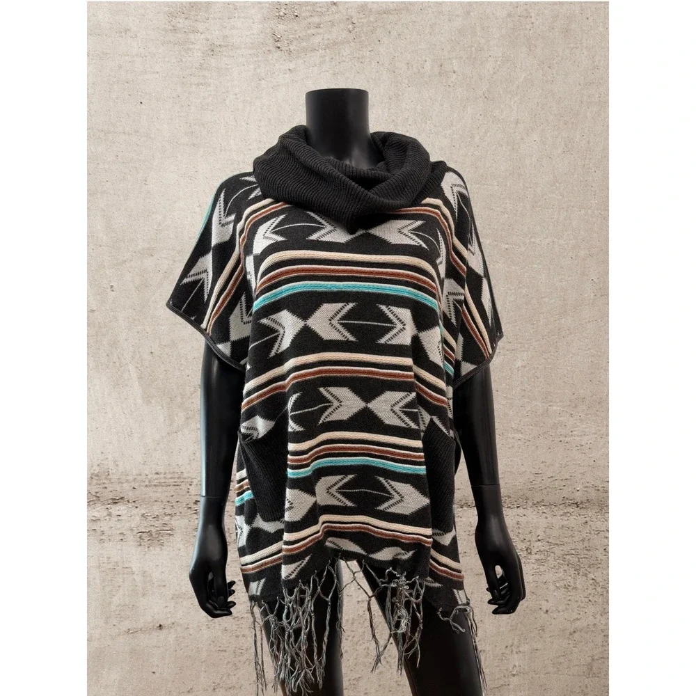 Michael Michael Kors Southwest Aztec Fringe Cowl‎ Neck Poncho Sweater S/S